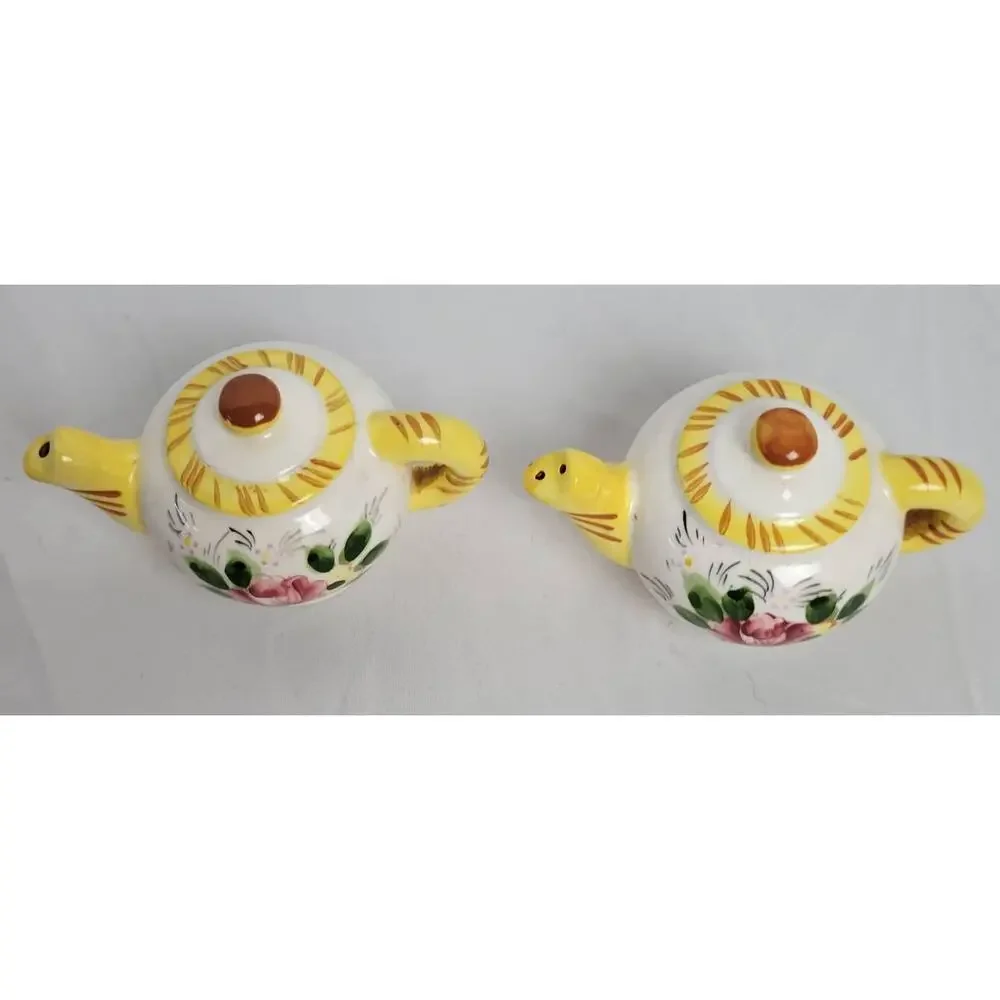 Vintage Ceramic Salt & Pepper Shakers Teapot with Floral Painting and Stripes